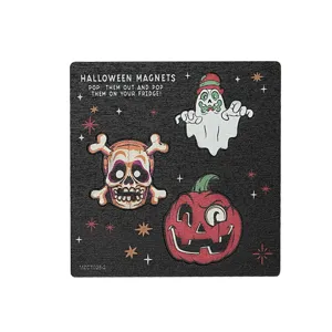 Halloween wooden magnetic fridge stickers with ghost skull and pumpkin designs, detailed close-up view.