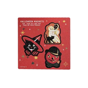 Halloween wooden magnetic fridge stickers set, vintage ghost black cat pumpkin decor items.