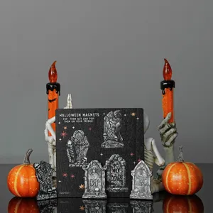 Wooden Halloween fridge magnets featuring spooky tombstones and skeleton designs for kitchen decor.