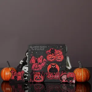 Wooden Halloween magnetic fridge stickers set, spooky ghost pumpkin cat decor for kitchen.