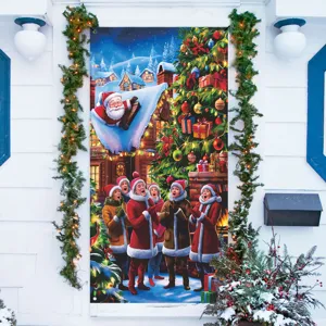 Weihnachts Türbanner Dekoration mit Weihnachtsmann und Sänger für festliche Hauseinrichtung.