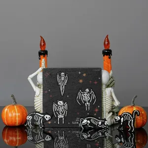 Halloween wooden magnetic fridge stickers featuring cute skeleton cats and bats for decor.