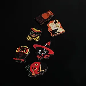 Vintage wooden Halloween refrigerator magnets with retro ghost and cat designs for kitchen.
