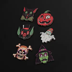 Wooden Halloween fridge magnets featuring spooky ghost, cat, skull, and witch designs.