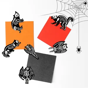 Halloween wooden magnetic fridge magnets, spooky skeleton cat and bat animal decor details.