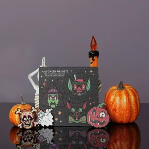 Halloween wooden magnetic fridge magnets set, funny ghost cat pumpkin spooky decor for kitchen.