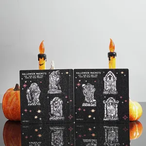 Halloween wooden magnetic fridge stickers with spooky gravestone and skeleton designs for holiday decor.
