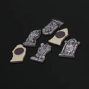 Wooden Halloween fridge magnets with spooky gravestone and skull designs and back magnets.