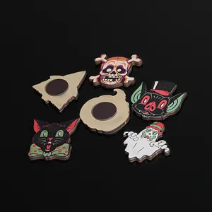 Wooden Halloween fridge magnets featuring cute ghost cat skull designs for kitchen decor.