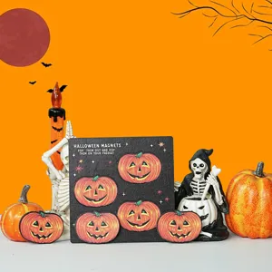 Wooden Halloween pumpkin magnetic stickers set, ideal for festive kitchen fridge decor.