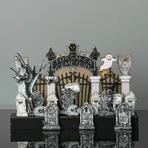 Wooden Halloween cemetery graveyard ghost skeleton decoration set for holiday party props
