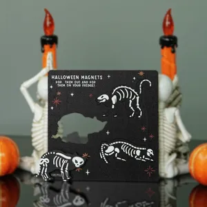 Halloween wooden magnetic fridge stickers, spooky skeleton cat design for kitchen home decor.