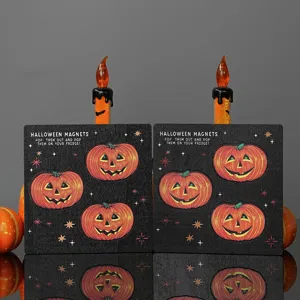 Wooden Halloween pumpkin fridge magnets detail view, perfect for spooky home decor.