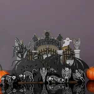 Wooden Halloween cemetery decoration set with skeleton cats, bats, and ghost for spooky home.