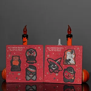 Halloween wooden magnetic fridge stickers set, vintage cat owl ghost kitchen decor