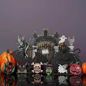 Wooden Halloween layered decor with cemetery, ghosts, skull, and cute cats for festive party.
