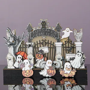 Wooden Halloween cemetery ghost fridge magnet decorative piece for holiday home kitchen use.