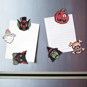 Halloween wooden magnetic fridge stickers set, spooky ghost, cat, pumpkin, and skull decor.