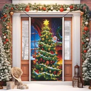 Weihnachtstürbanner Detail mit festlich geschmücktem Weihnachtsbaum und Weihnachtsmann.