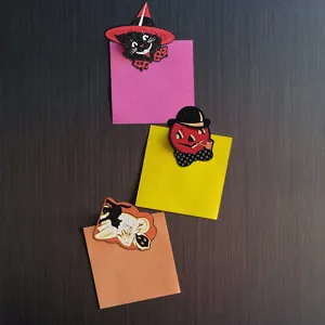 Vintage Halloween wooden magnetic fridge stickers, cute ghost cat and pumpkin decor for kitchen.