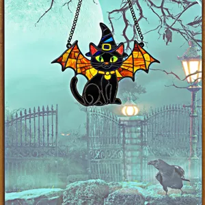 Halloween acrylic black cat bat witch hat hanging decoration spooky wall party decor item