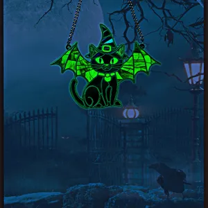 Halloween glowing cat acrylic hanging pendant, spooky bat wings witch hat party decor detail.