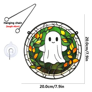 Halloween stained glass ghost window hanging detail with hanging chain and suction cup hook.