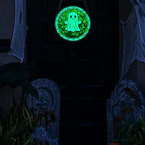Halloween fluorescent acrylic ghost hanging plaque detail view for festive wall decoration.
