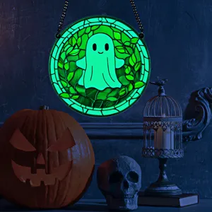 Halloween glowing acrylic hanging ghost ornament circular window wall panel decor.