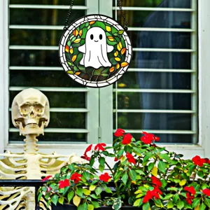 Halloween ghost window hanging decor, fluorescent acrylic round ornament with autumn leaves.