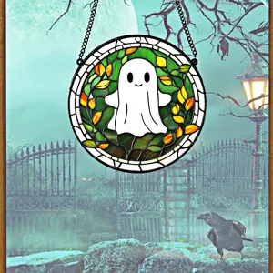 Halloween acrylic ghost hanging pendant stained glass style wall decoration for holiday party.