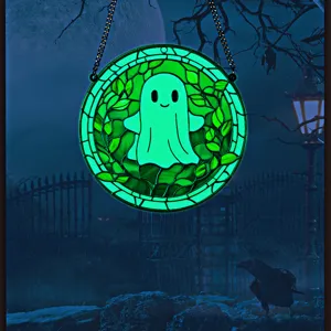 Halloween glowing acrylic hanging pendant, cute ghost stained glass window decoration for home.