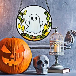 Halloween fluorescent acrylic ghost hanging ornament detail shot for festival wall decor.