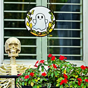 Cute ghost acrylic hanging ornament detail view, perfect for Halloween window and wall decor.