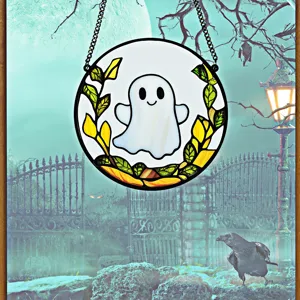 Halloween ghost hanging decoration detail view, acrylic spooky window ornament for party decor.