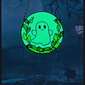 Halloween glowing acrylic ghost hanging pendant, spooky window wall decoration for party.