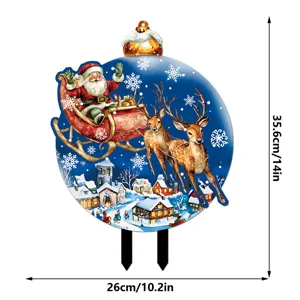 Detailed view of Christmas yard stake showing Santa sleigh and village size measurements.