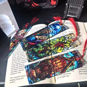 Transparent acrylic bookmarks with red tassels, vintage stained glass style page markers for book.