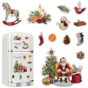 Christmas magnetic fridge stickers set, festive snowman and Santa Claus design for kitchen decor.