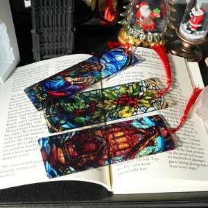 Christmas transparent acrylic bookmark set with red tassels, stained glass style page markers.