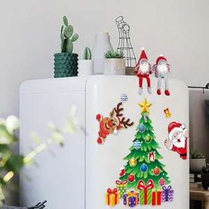 Christmas refrigerator magnets set featuring cute Santa Claus, reindeer, tree and festive gifts.