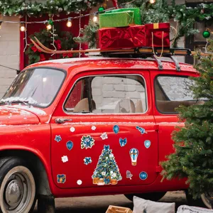 Christmas magnetic sticker detail scene featuring blue watercolor Christmas tree.