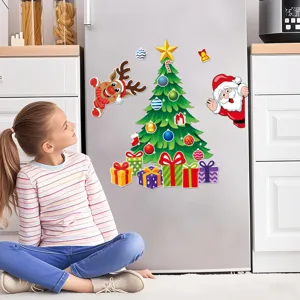 Christmas refrigerator magnets scene detail showcasing cute holiday tree and cartoon character decor.