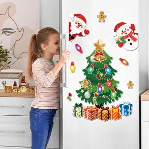 Christmas fridge magnets detail showing cute Santa and tree decorations on kitchen refrigerator.
