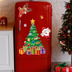 Christmas magnetic refrigerator stickers set, cute Santa Claus and reindeer festive decor.