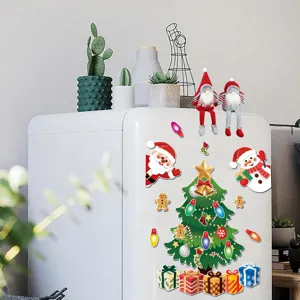Detailed view of Christmas magnetic stickers on a white refrigerator for holiday decor.
