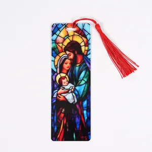 Stained glass style Holy Family clear acrylic bookmark with red tassel, elegant reading gift.