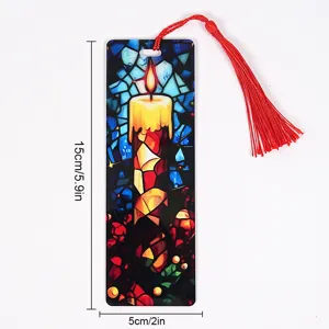 Christmas transparent acrylic bookmark with red tassel, 1mm thick stained glass candle design.