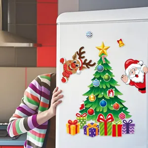 Detailed scene of Christmas magnetic fridge stickers featuring tree, Santa, and reindeer.