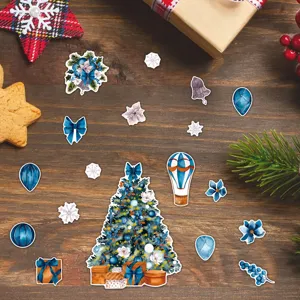 Christmas magnetic fridge stickers set, blue watercolor tree snowflakes design, home decor.